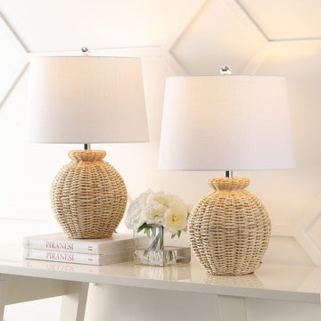 Nora 22" Rustic Coastal Rattan Globe LED Table Lamps - JONATHAN Y